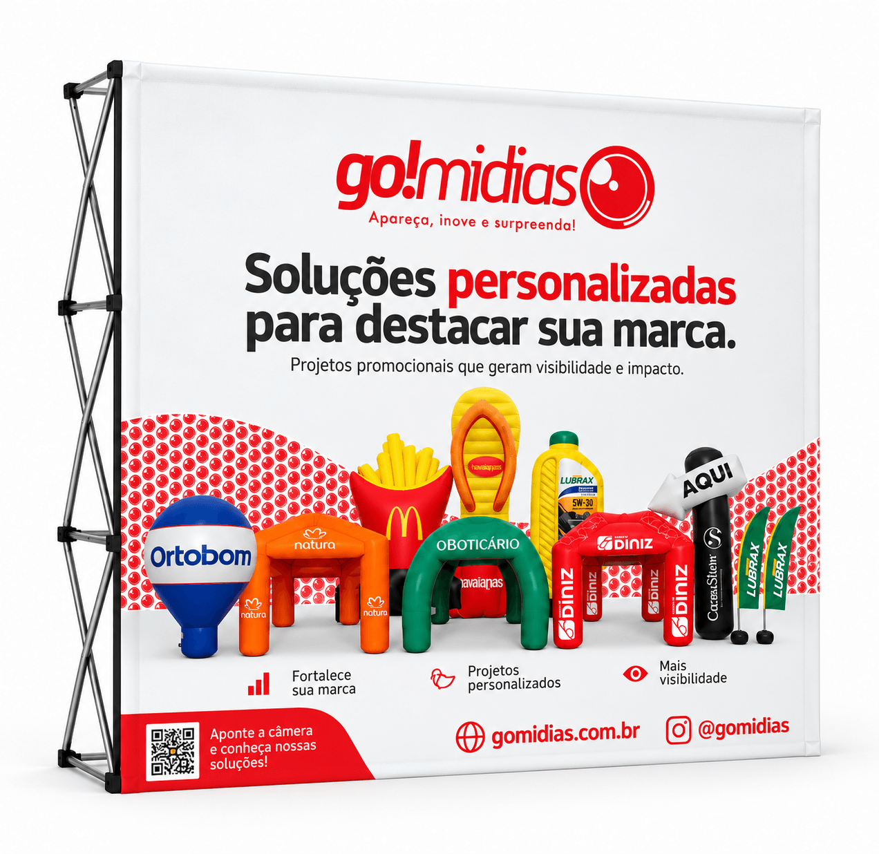 Painel Pantográfico Backdrop GoMídias personalizado em tecido Oxford com estrutura retrátil para eventos